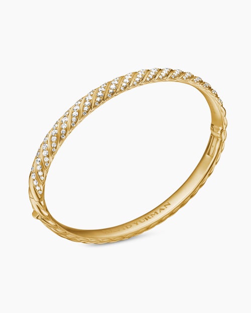 Womens Sculpted Cable Bangle Bracelet in 18K Yellow Gold with Diamonds, 6.2mm