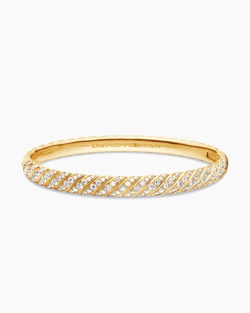 Womens Sculpted Cable Bangle Bracelet in 18K Yellow Gold with Diamonds, 6.2mm