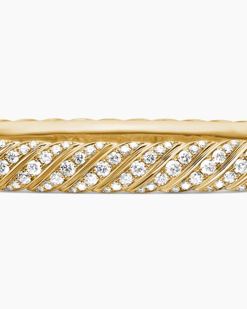 Womens Sculpted Cable Bangle Bracelet in 18K Yellow Gold with Diamonds, 6.2mm