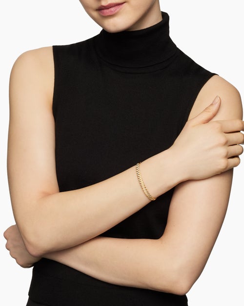 Womens Sculpted Cable Bangle Bracelet in 18K Yellow Gold with Diamonds, 6.2mm