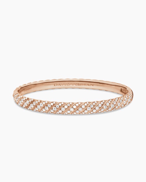 Womens Sculpted Cable Bangle Bracelet in 18K Rose Gold with Diamonds, 6.2mm