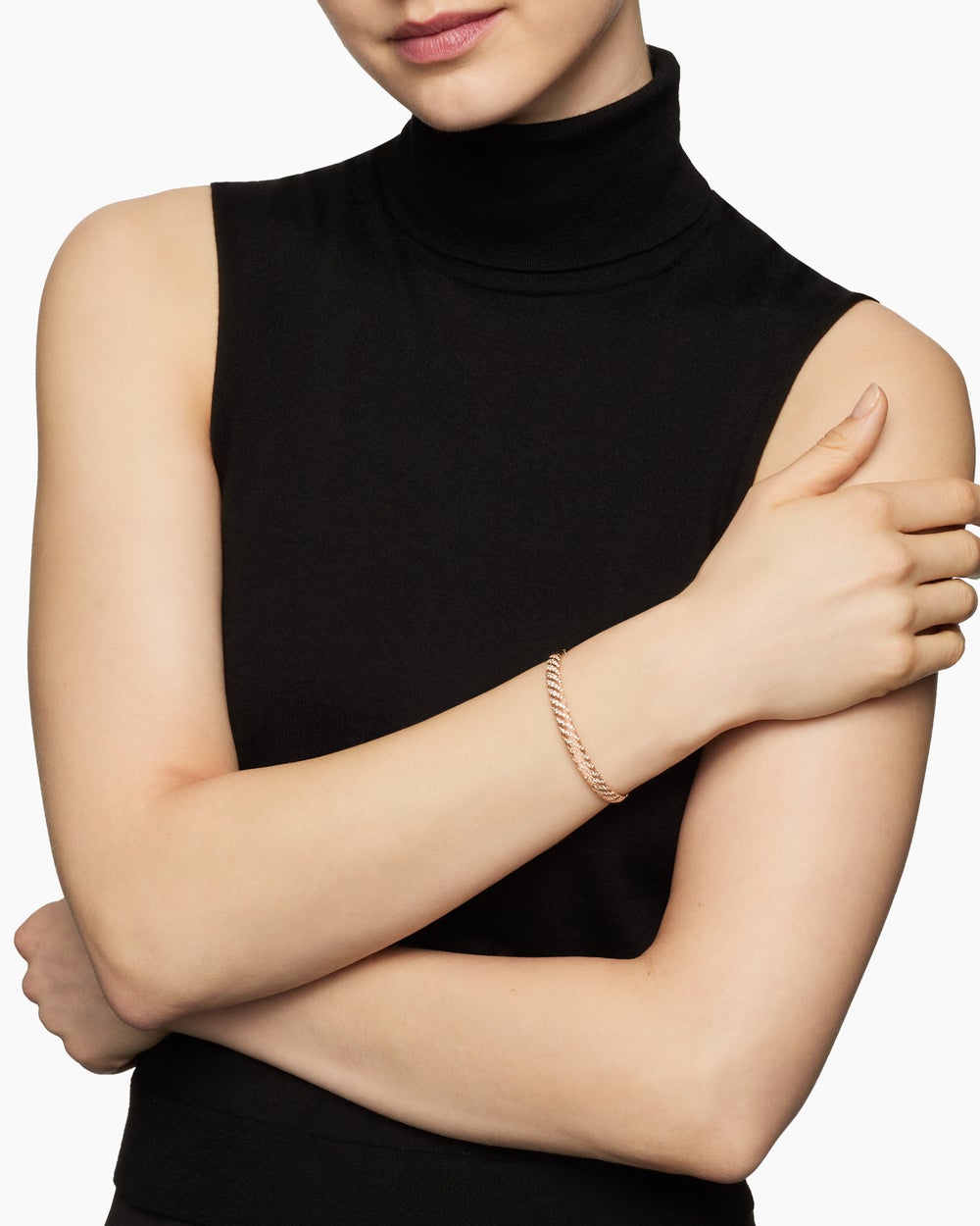 Womens Sculpted Cable Bangle Bracelet in 18K Rose Gold with Diamonds, 6.2mm