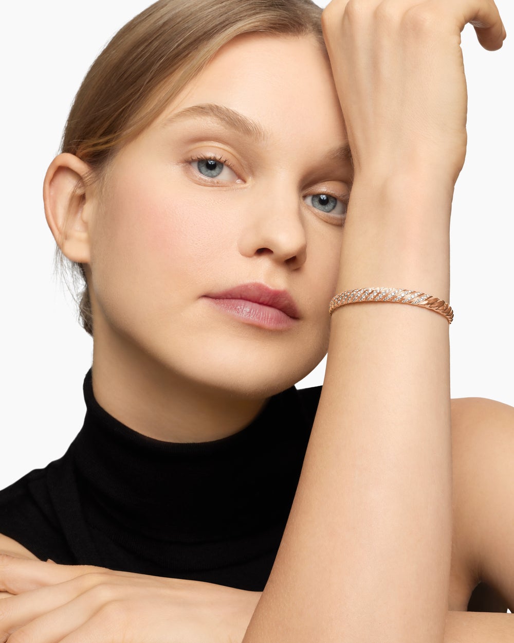 Womens Sculpted Cable Bangle Bracelet in 18K Rose Gold with Diamonds, 6.2mm