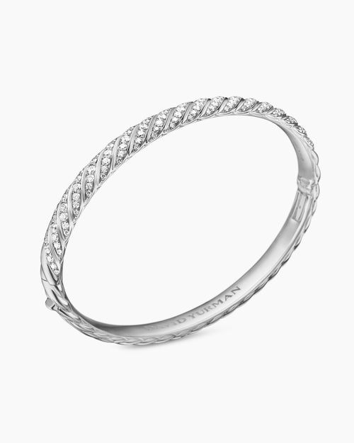 Womens Sculpted Cable Bangle Bracelet in 18K White Gold with Diamonds, 6.2mm