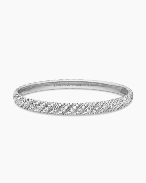 Womens Sculpted Cable Bangle Bracelet in 18K White Gold with Diamonds, 6.2mm