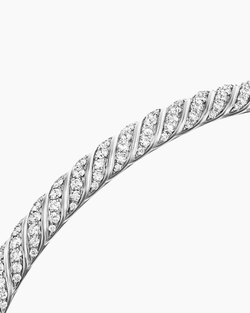 Womens Sculpted Cable Bangle Bracelet in 18K White Gold with Diamonds, 6.2mm