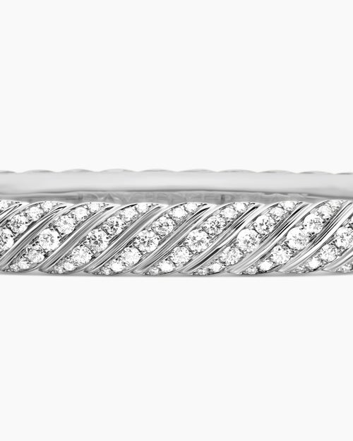 Womens Sculpted Cable Bangle Bracelet in 18K White Gold with Diamonds, 6.2mm