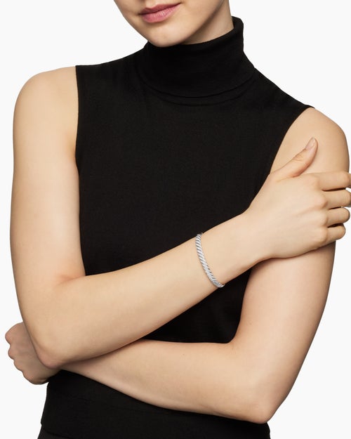 Womens Sculpted Cable Bangle Bracelet in 18K White Gold with Diamonds, 6.2mm