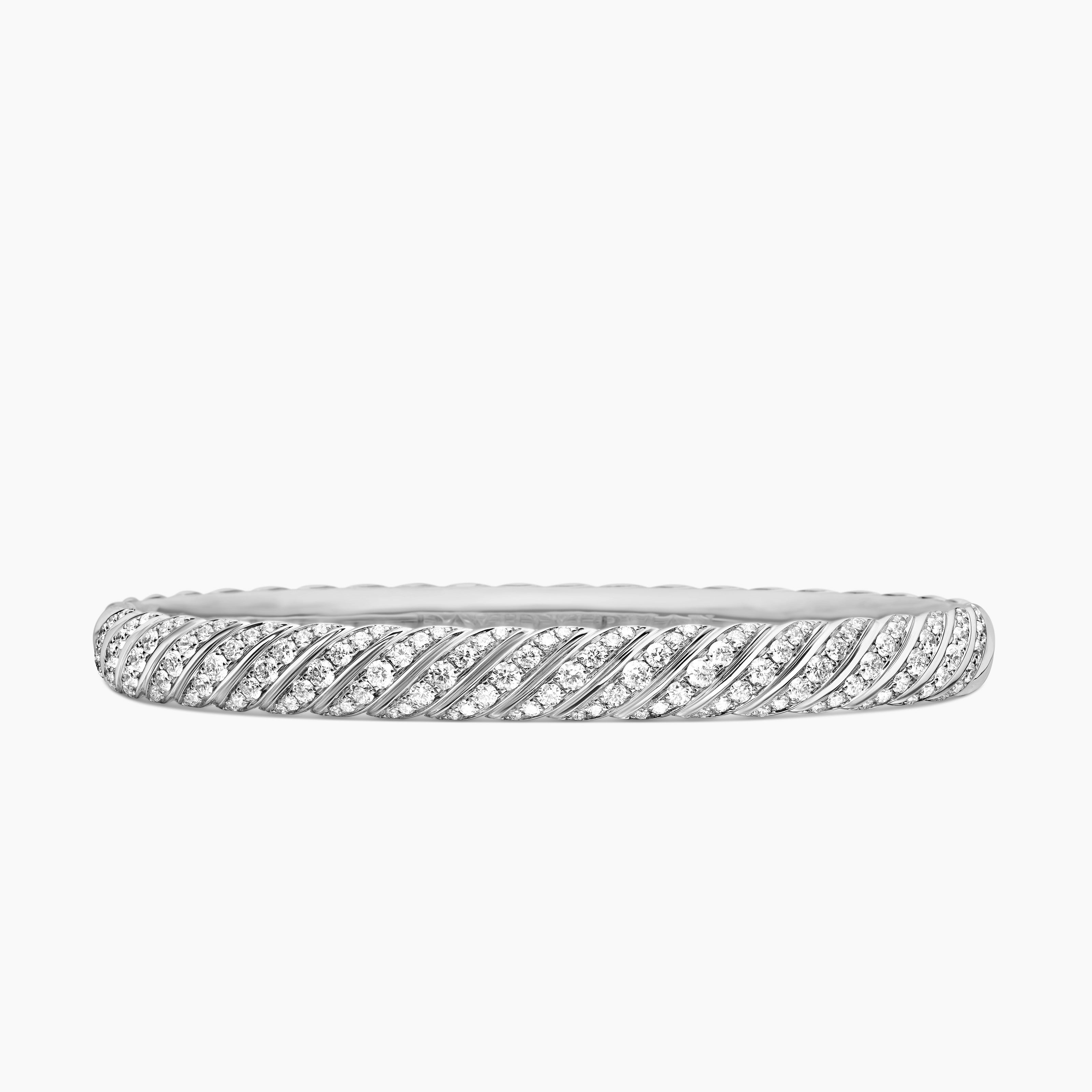 Womens Sculpted Cable Bangle Bracelet in 18K White Gold with Diamonds, 6.2mm