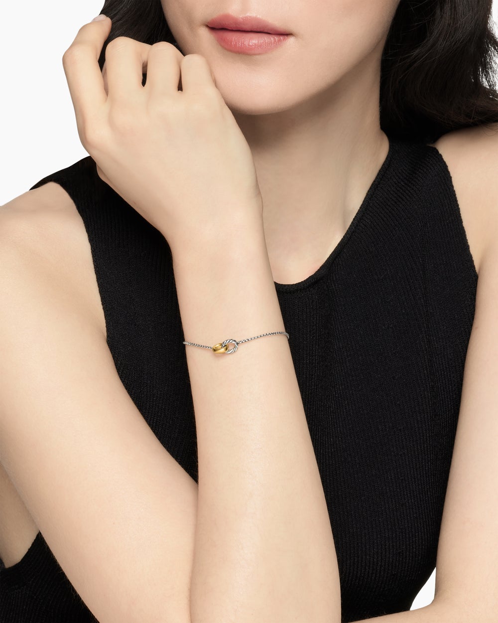 Womens Petite Cable Linked Bracelet in Sterling Silver with 14K Yellow Gold, 15mm
