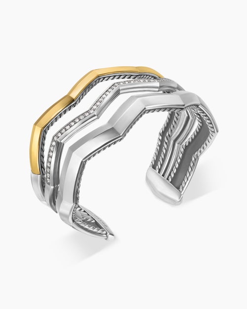 Womens Zig Zag Stax Three Row Cuff Bracelet in Sterling Silver with 18K Yellow Gold and Diamonds, 17.4mm