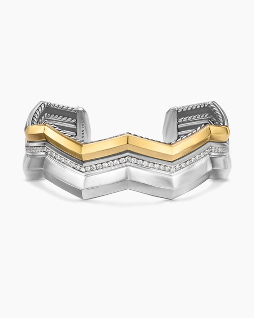Womens Zig Zag Stax Three Row Cuff Bracelet in Sterling Silver with 18K Yellow Gold and Diamonds, 17.4mm
