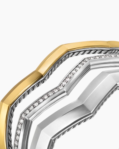 Womens Zig Zag Stax Three Row Cuff Bracelet in Sterling Silver with 18K Yellow Gold and Diamonds, 17.4mm