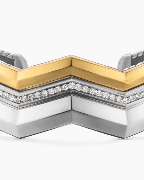 Womens Zig Zag Stax Three Row Cuff Bracelet in Sterling Silver with 18K Yellow Gold and Diamonds, 17.4mm