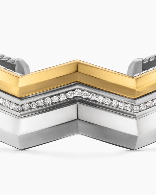 Zig Zag Stax Three Row Cuff Bracelet in Sterling Silver with 18K Yellow Gold and Diamonds, 17.4mm