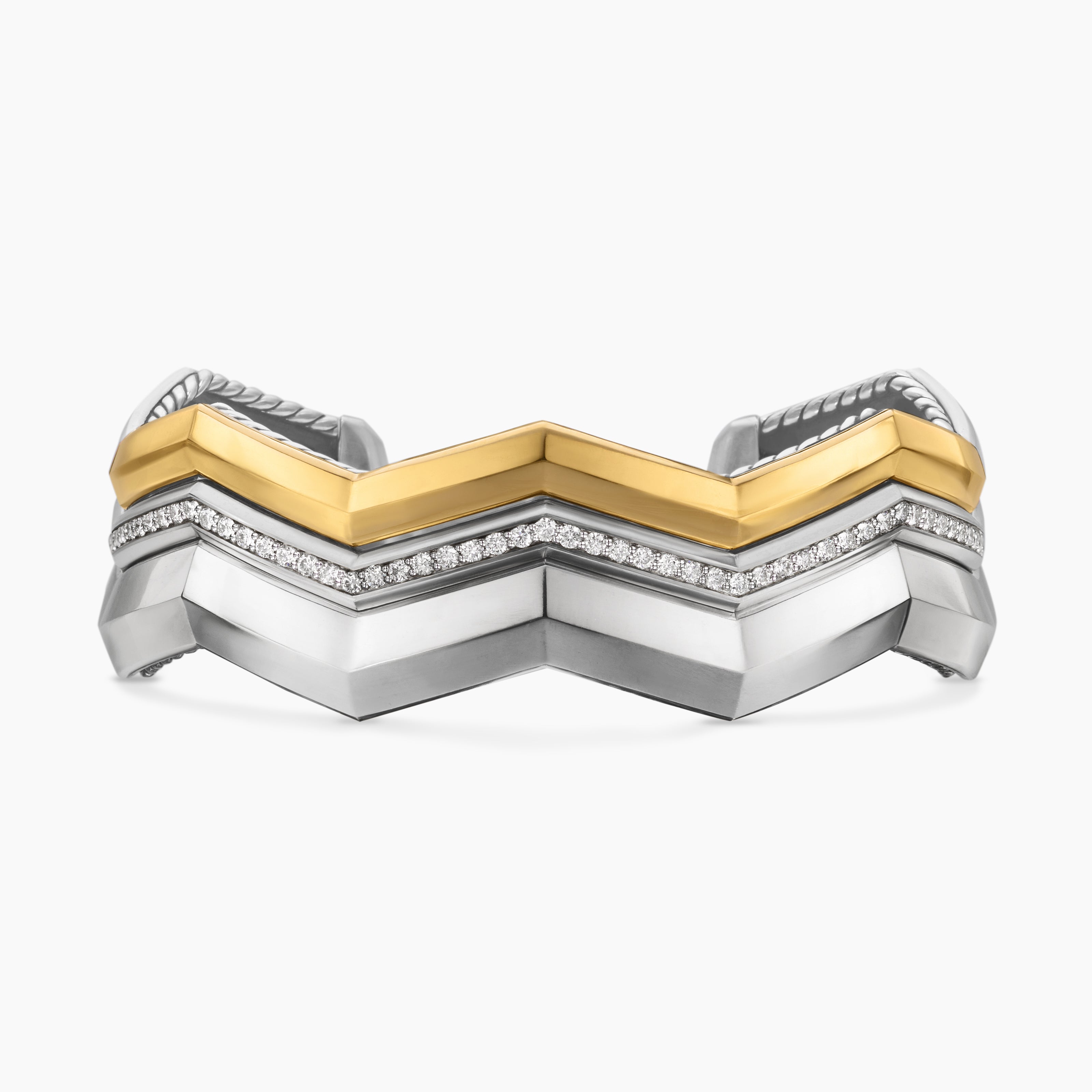Womens Zig Zag Stax Three Row Cuff Bracelet in Sterling Silver with 18K Yellow Gold and Diamonds, 17.4mm