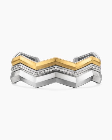 Zig Zag Stax™ Three Row Cuff Bracelet in Sterling Silver with 18K Yellow Gold and Diamonds, 17.4mm