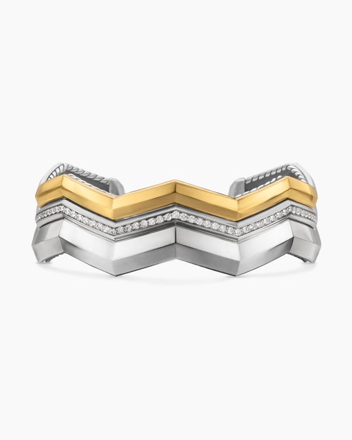 Womens Zig Zag Stax Three Row Cuff Bracelet in Sterling Silver with 18K Yellow Gold and Diamonds, 17.4mm