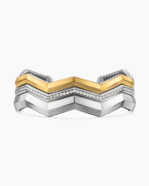 Zig Zag Stax Three Row Cuff Bracelet in Sterling Silver with 18K Yellow Gold and Diamonds, 17.4mm