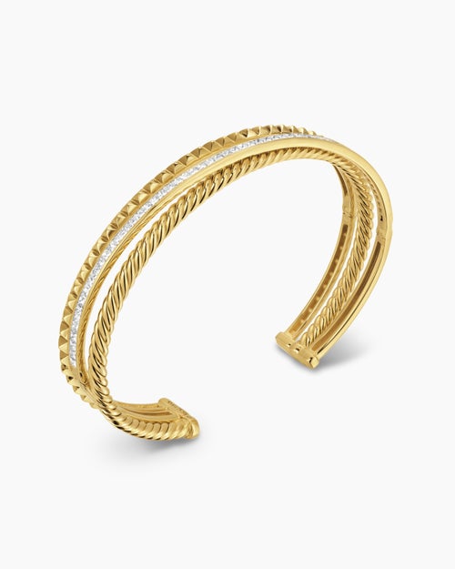 Womens Crossover Trio Three Row Cuff Bracelet in 18K Yellow Gold with Diamonds, 11mm