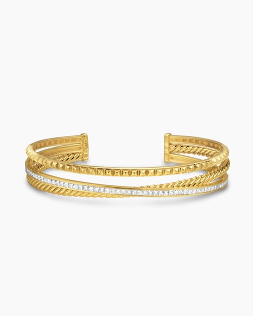 Womens Crossover Trio Three Row Cuff Bracelet in 18K Yellow Gold with Diamonds, 11mm