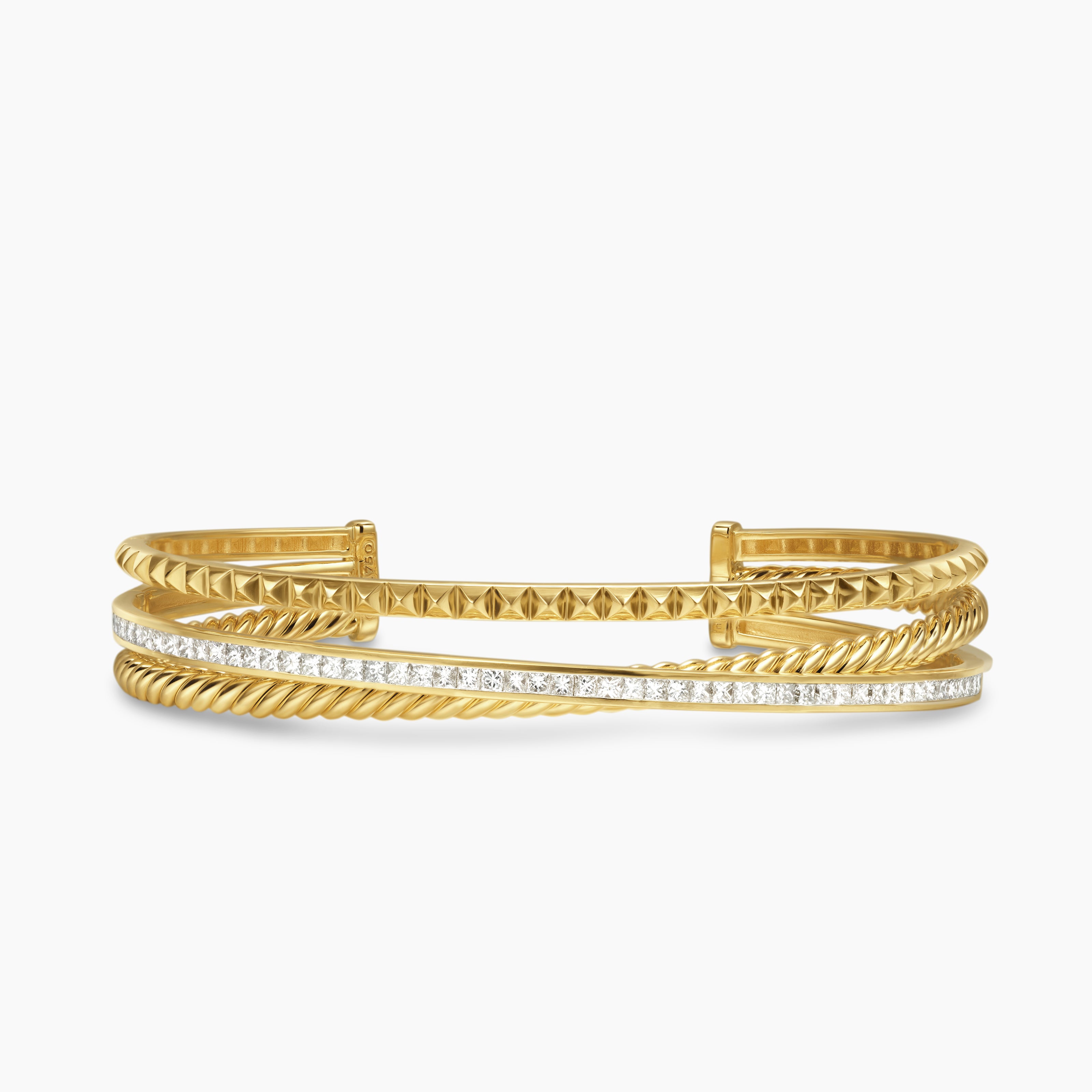Womens Crossover Trio Three Row Cuff Bracelet in 18K Yellow Gold with Diamonds, 11mm