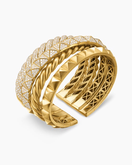 Womens Crossover Trio Multi Row Cuff Bracelet in 18K Yellow Gold with Diamonds, 33mm