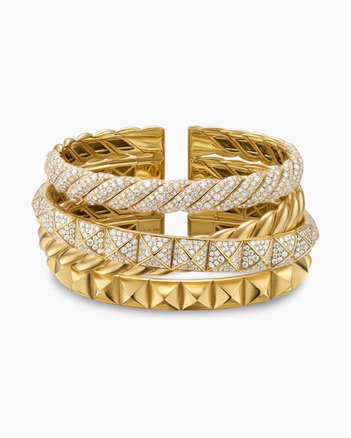 Womens Crossover Trio Multi Row Cuff Bracelet in 18K Yellow Gold with Diamonds, 33mm