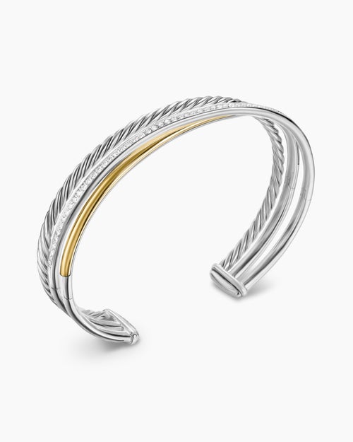 Womens Crossover Three Row Bracelet in Sterling Silver with 18K Yellow Gold and Diamonds, 11mm