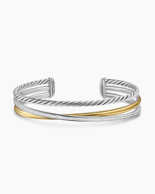 Womens Crossover Three Row Bracelet in Sterling Silver with 18K Yellow Gold and Diamonds, 11mm