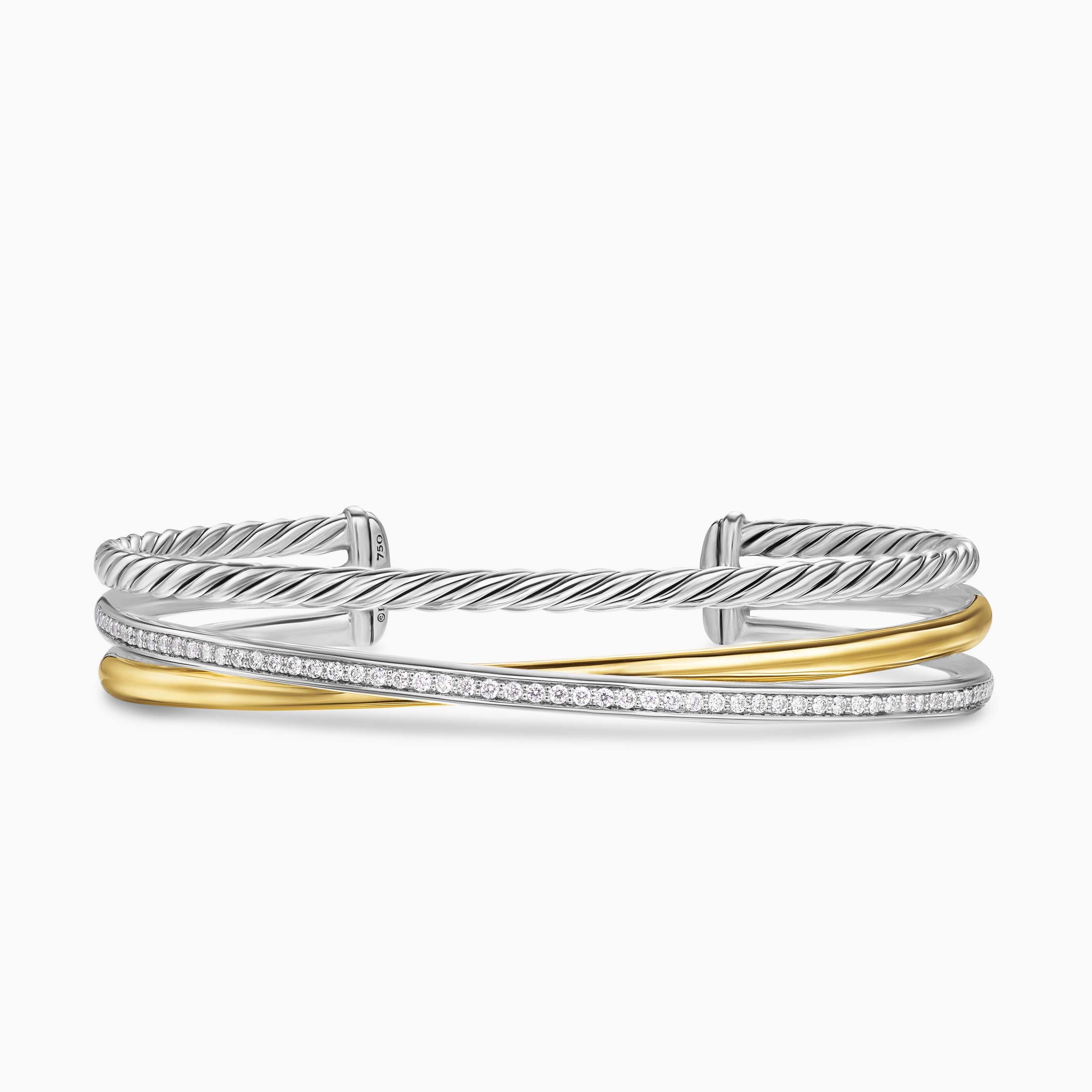 Womens Crossover Three Row Bracelet in Sterling Silver with 18K Yellow Gold and Diamonds, 11mm