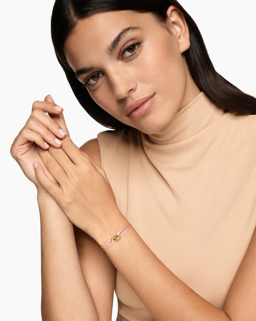Womens Sculpted Cable Linked Cord Bracelet in Pink Nylon with 18K Yellow Gold, 8.7mm