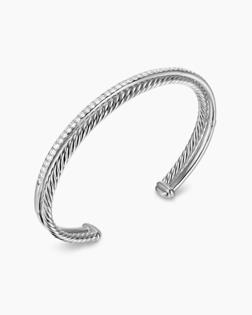 Womens Crossover Two Row Bracelet in Sterling Silver with Diamonds, 6mm