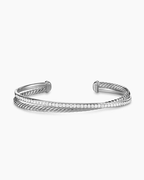 Womens Crossover Two Row Bracelet in Sterling Silver with Diamonds, 6mm