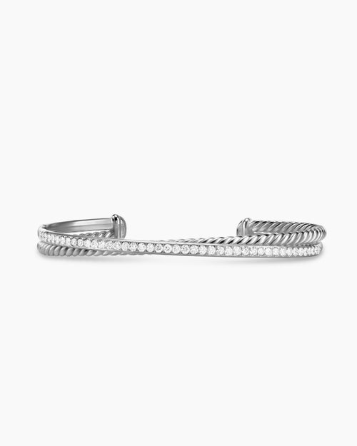 Womens Crossover Two Row Bracelet in Sterling Silver with Diamonds, 6mm