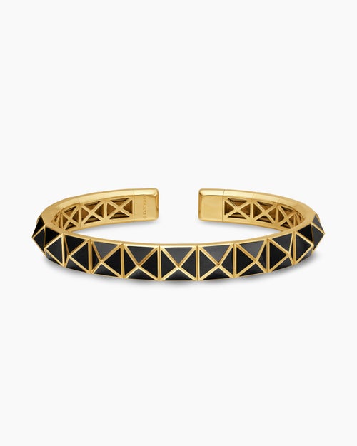 Womens Pyramid Cuff Bracelet in 18K Yellow Gold with Black Onyx, 8mm