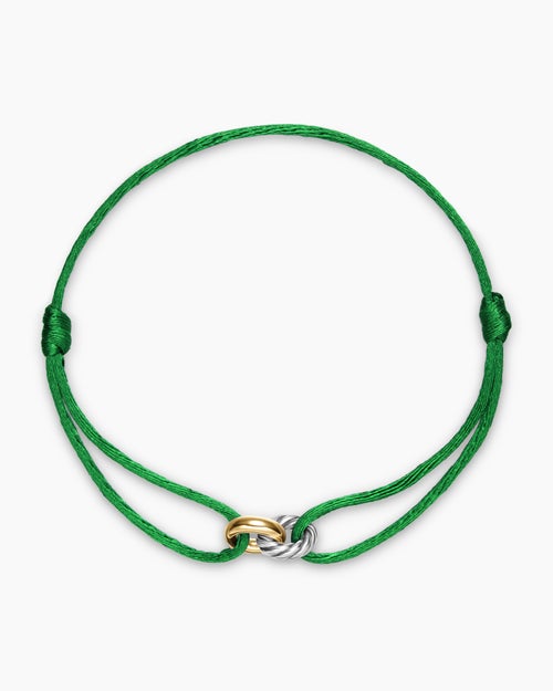 Womens Sculpted Cable Linked Cord Bracelet in Green Nylon with Sterling Silver and 14K Yellow Gold, 8.7mm