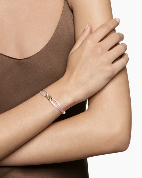 Womens Sculpted Cable Linked Cord Bracelet in Blush Nylon with Sterling Silver and 14K Yellow Gold, 8.7mm