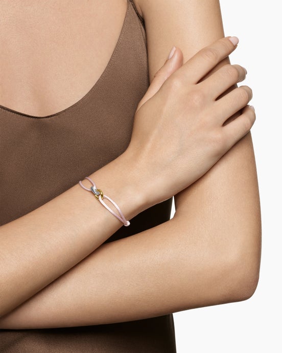 Sculpted Cable Linked Cord Bracelet in Pink Nylon with Sterling Silver and 14K Yellow Gold, 8.7mm
