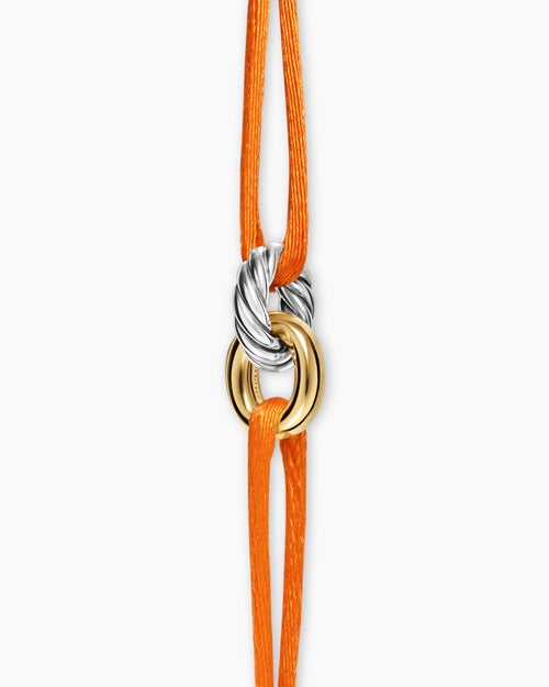 Womens Sculpted Cable Linked Cord Bracelet in Orange Nylon with Sterling Silver and 14K Yellow Gold, 8.7mm