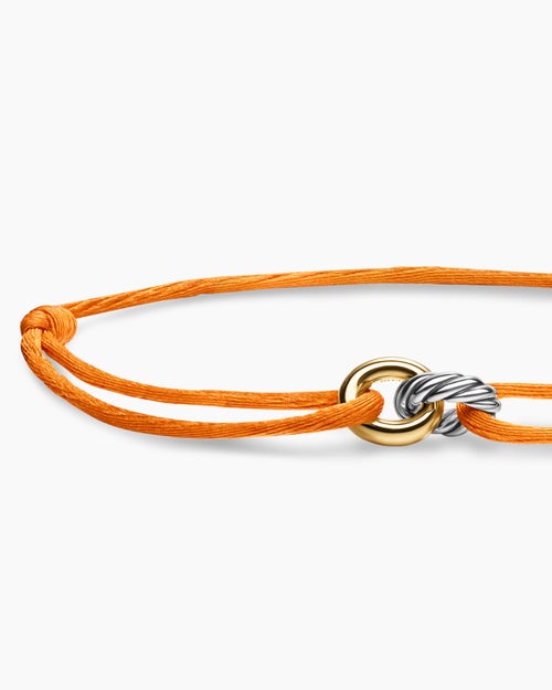 Womens Sculpted Cable Linked Cord Bracelet in Orange Nylon with Sterling Silver and 14K Yellow Gold, 8.7mm