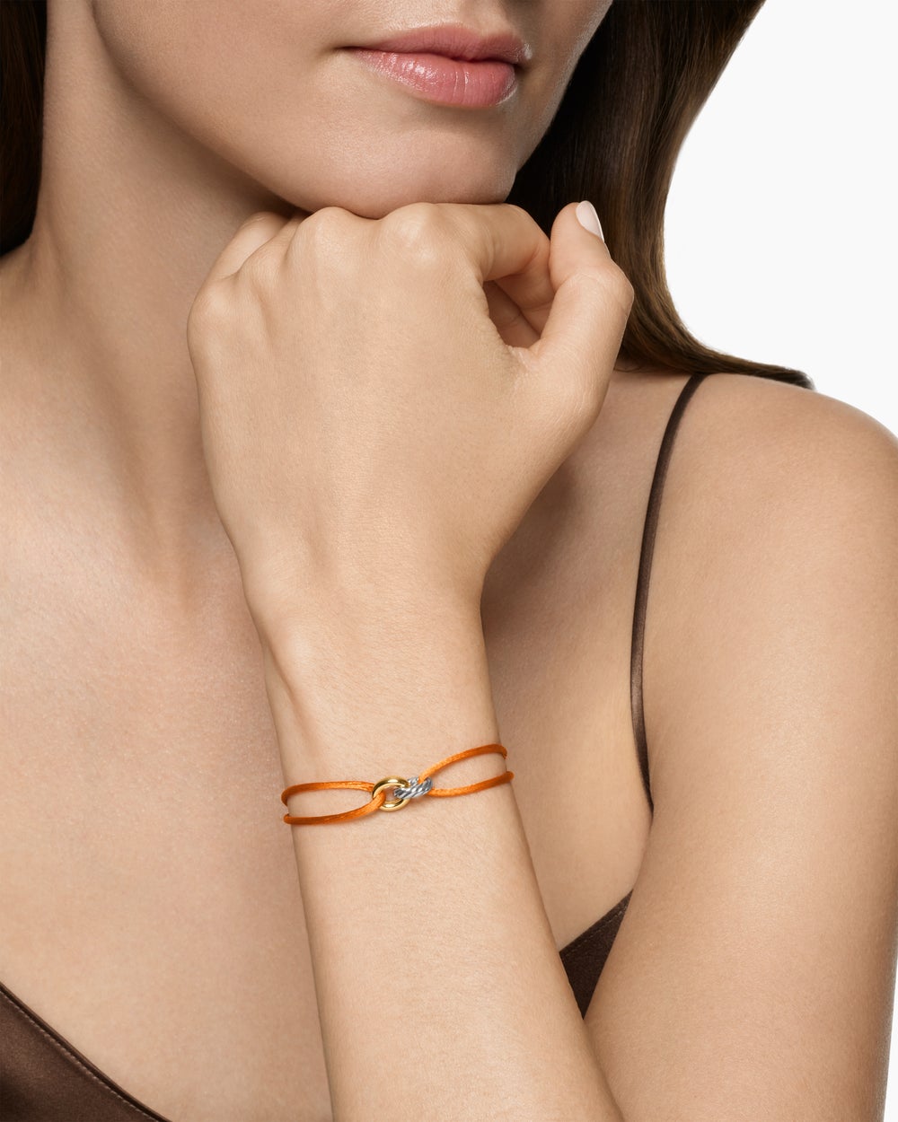 Womens Sculpted Cable Linked Cord Bracelet in Orange Nylon with Sterling Silver and 14K Yellow Gold, 8.7mm