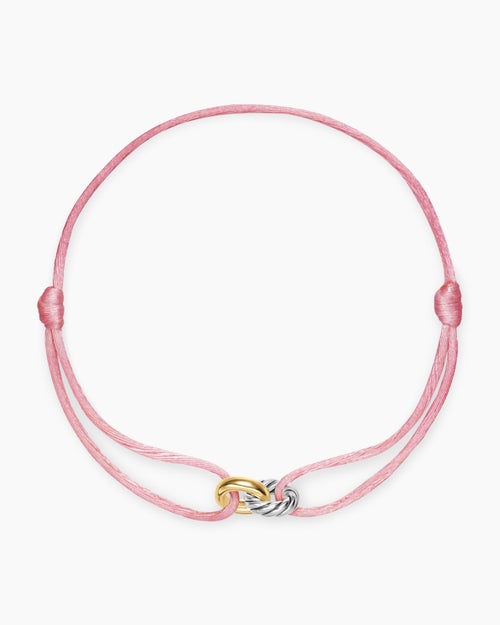 Womens Sculpted Cable Linked Cord Bracelet in Pink Nylon with Sterling Silver and 14K Yellow Gold, 8.7mm