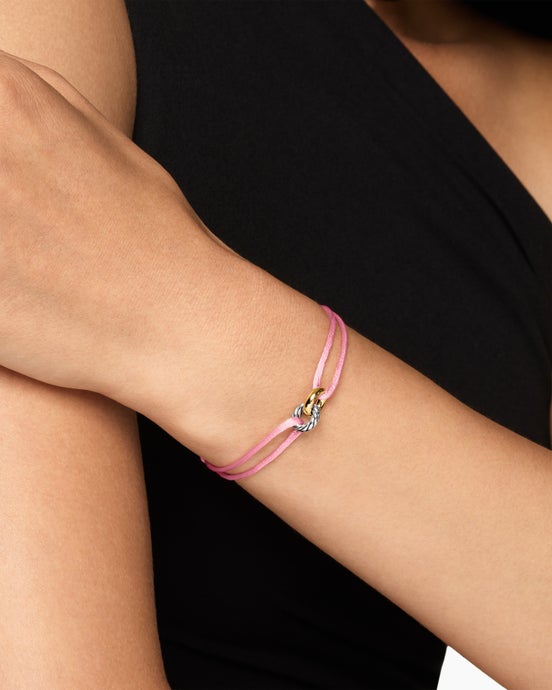 Sculpted Cable Linked Cord Bracelet in Pink Nylon with Sterling Silver and 14K Yellow Gold, 8.7mm
