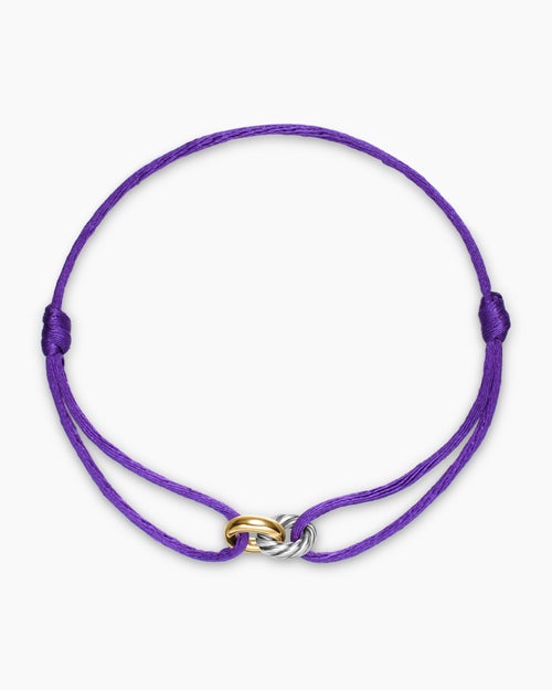 Womens Sculpted Cable Linked Cord Bracelet in Purple Nylon with Sterling Silver and 14K Yellow Gold, 8.7mm