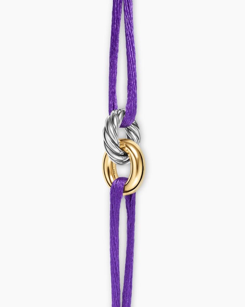 Womens Sculpted Cable Linked Cord Bracelet in Purple Nylon with Sterling Silver and 14K Yellow Gold, 8.7mm