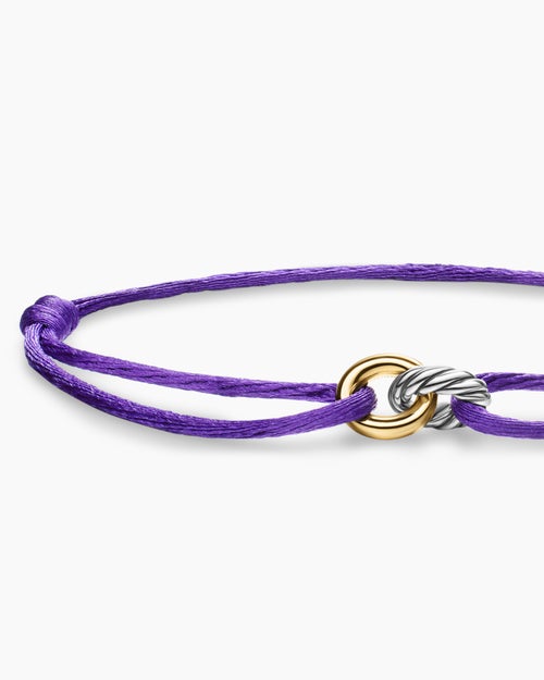 Womens Sculpted Cable Linked Cord Bracelet in Purple Nylon with Sterling Silver and 14K Yellow Gold, 8.7mm