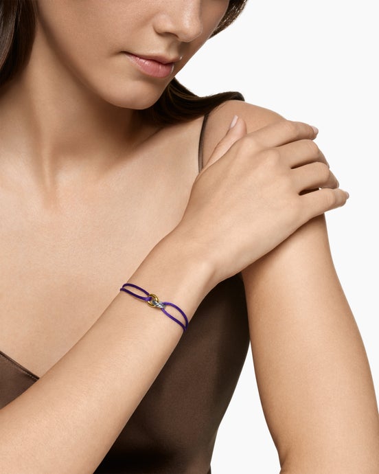 Sculpted Cable Linked Cord Bracelet in Purple Nylon with Sterling Silver and 14K Yellow Gold, 8.7mm