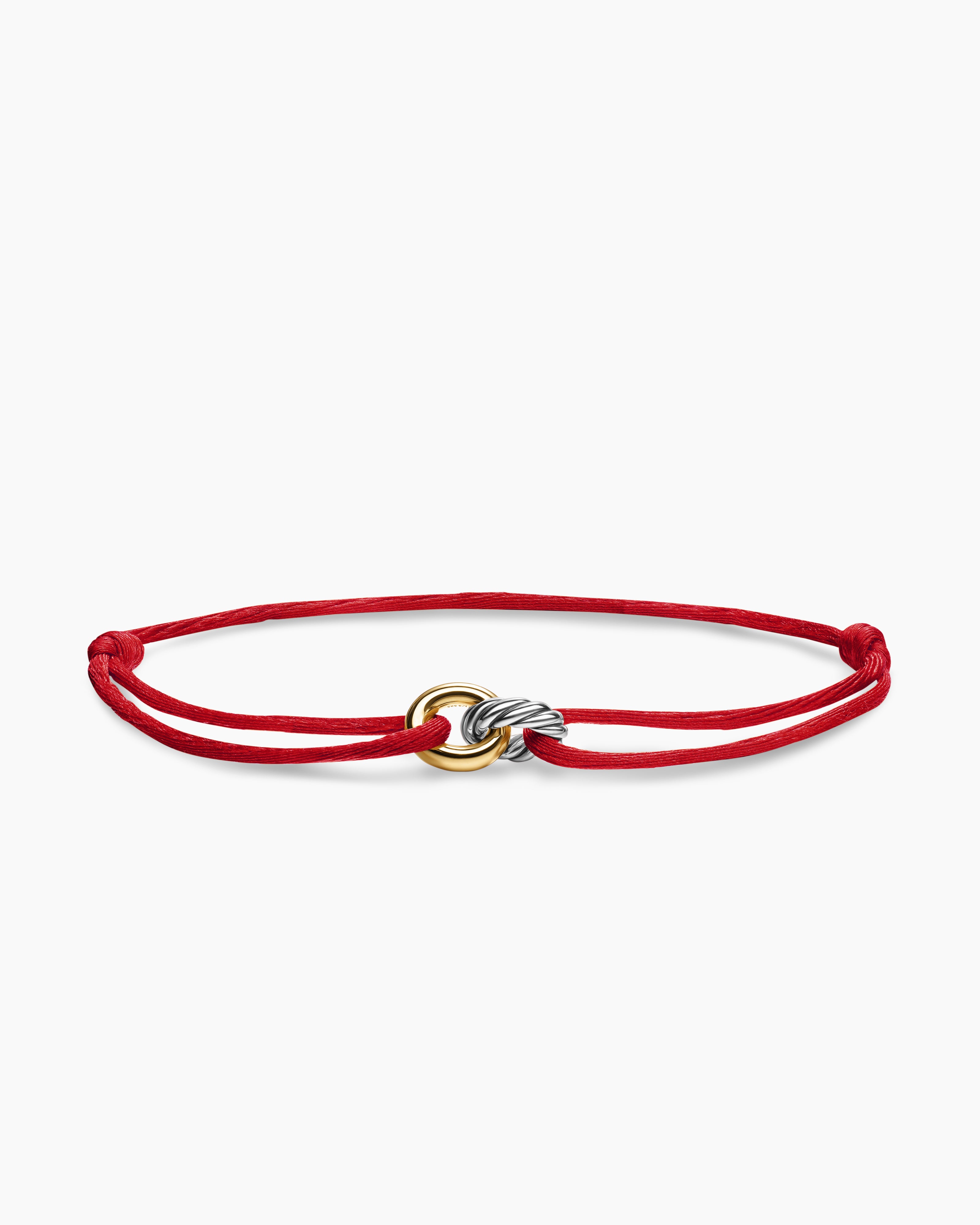 Sculpted Cable Linked Cord Bracelet Red Nylon with Sterling Silver and 14K Yellow Gold, 8.7mm