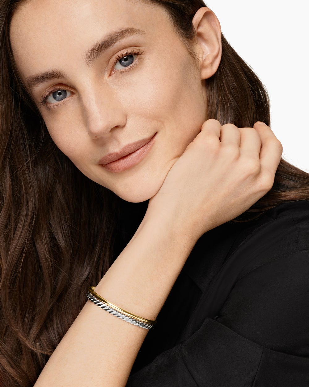Bracelet-manchette à deux rangs DY Mercer en argent sterling avec or jaune 18 carats, 8 mm femmes
